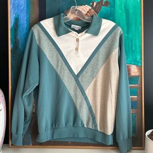Alfred Dunner Teal and Cream Collared Top M